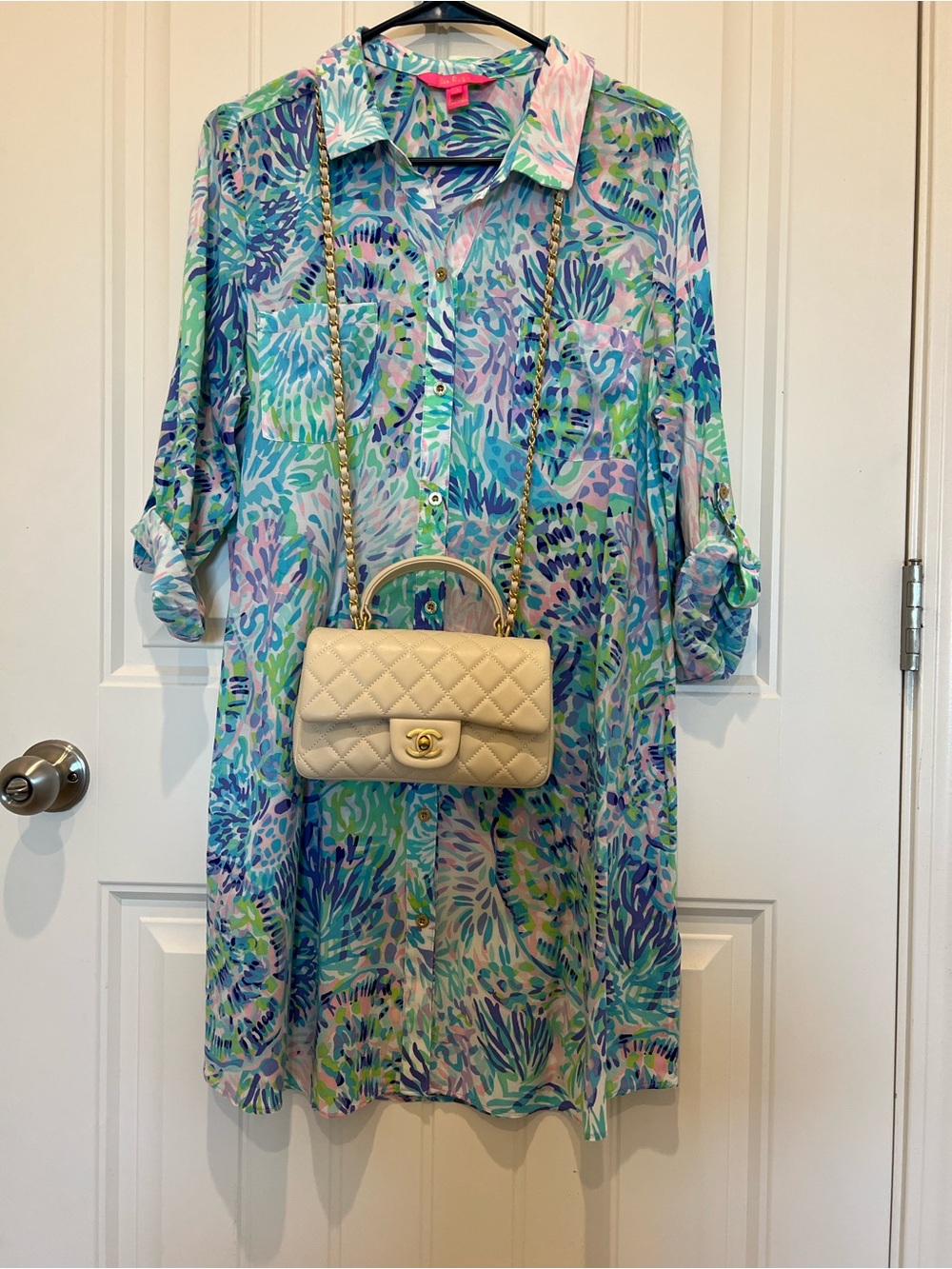 $98 Lilly Pulitzer Turquoise Blue Pink Green Palm-Print Shirtdress - Picture 2 of 11